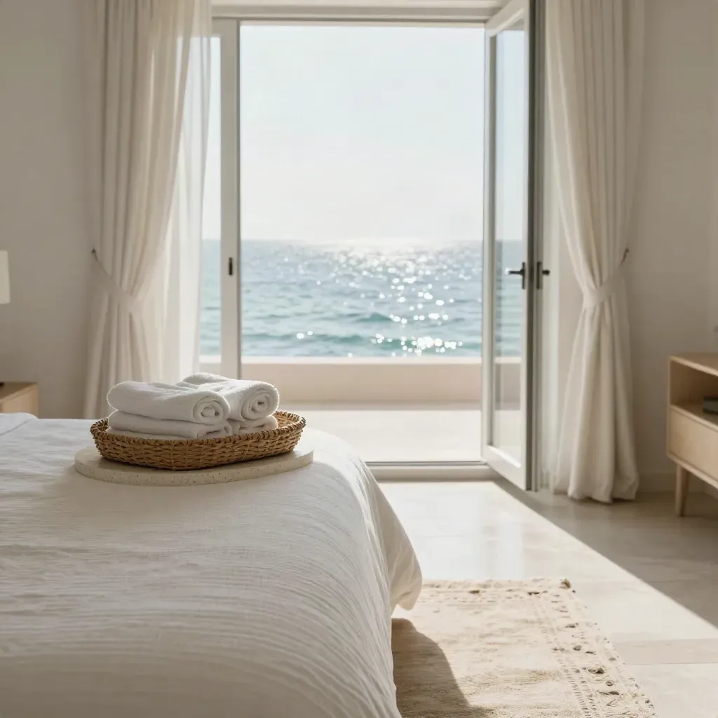 Suite vista mare con lenzuola bianche, asciugamani impilati e balcone aperto sul mare