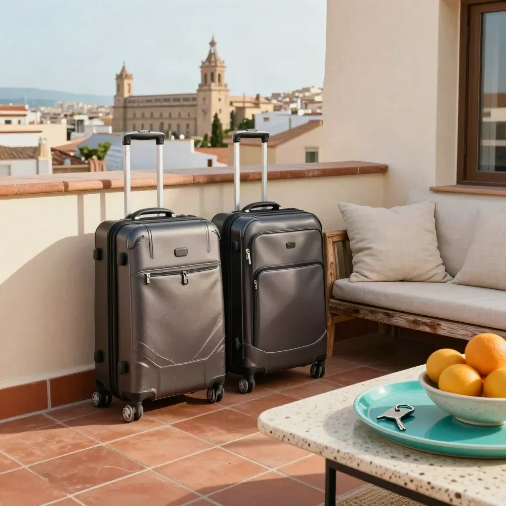 Rooftop suite a Valencia con valigie, chiavi auto e arance su terrazza assolata.