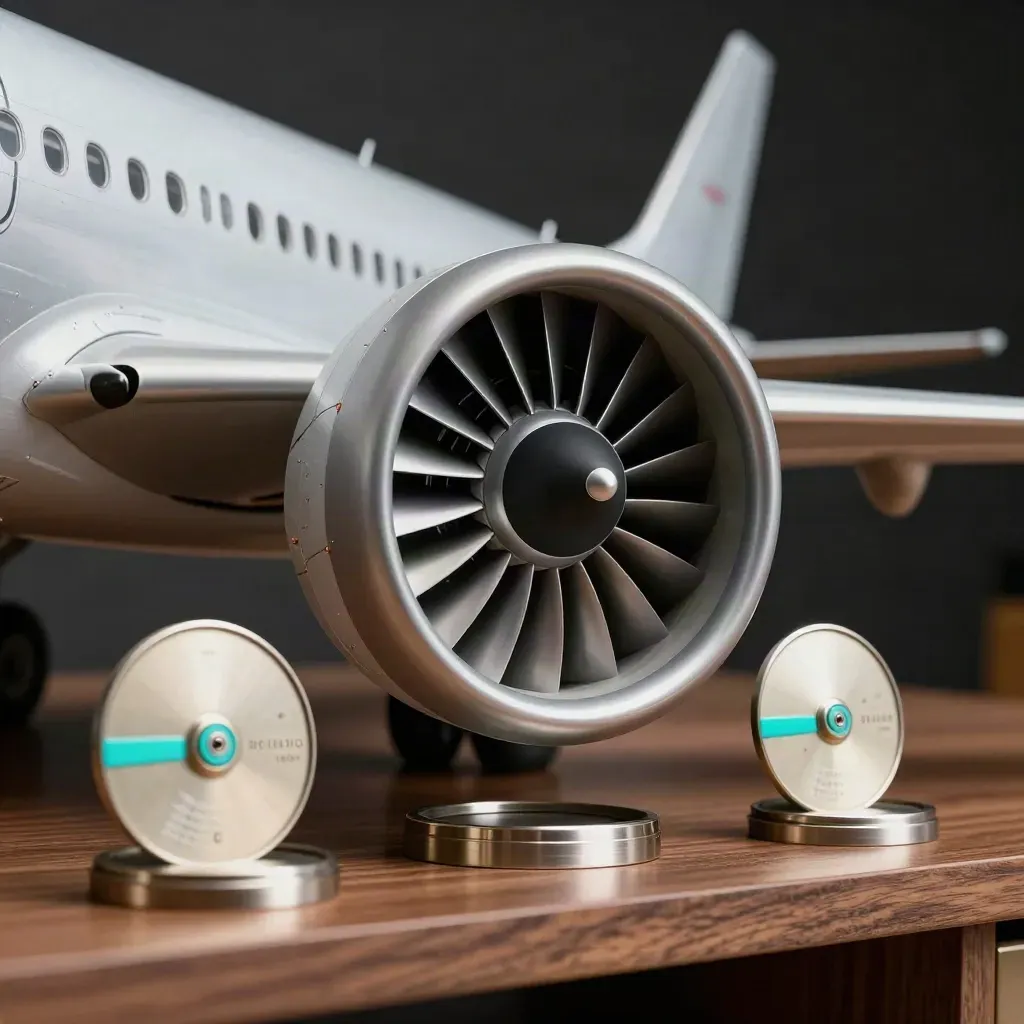 Modellino di aereo, disco turbina e dischi rotta su legno, luce drammatica turchese.