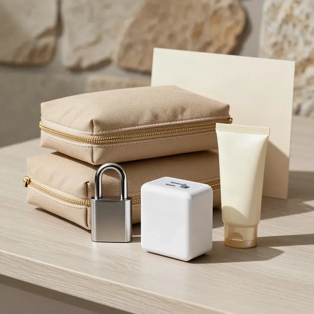 Pouch, lucchetto valigia, adattatore e tubetto solare su legno chiaro.