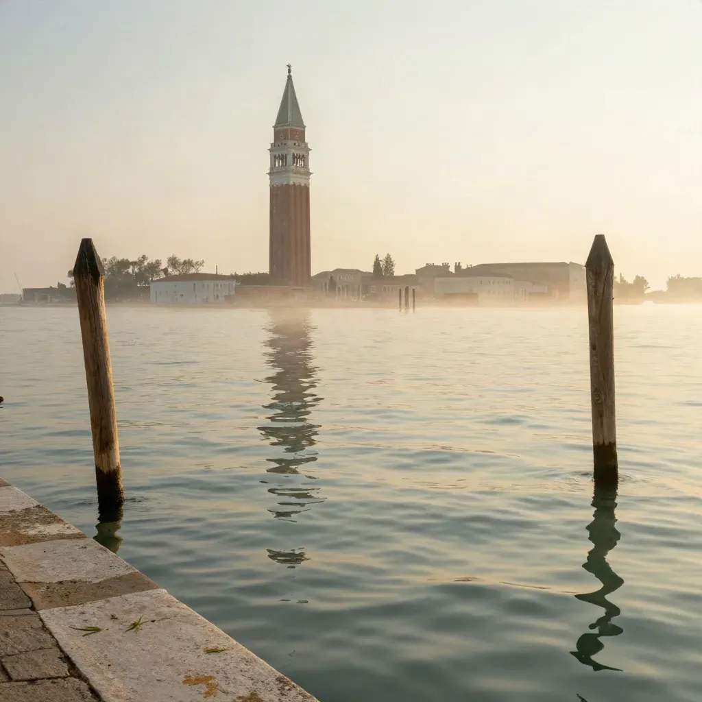 Laguna veneziana al tramonto con campanile, pali d’ormeggio e riflessi dorati.